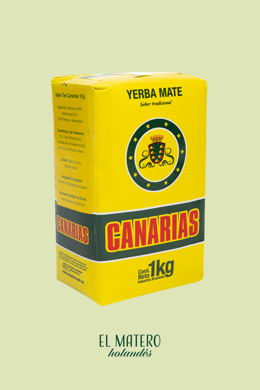 Yellow box of Canarias Yerba Mate on a light green background