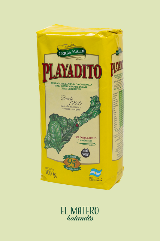 Yellow box of Playadito yerba mate with brand logo on a light green background