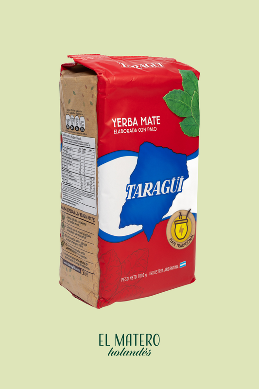Red and brown package of Taragui Yerba Mate on a light green background